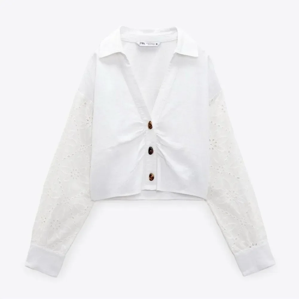 ZARA White Linen Blend Eyelet Long Sleeve Crop Top Size M